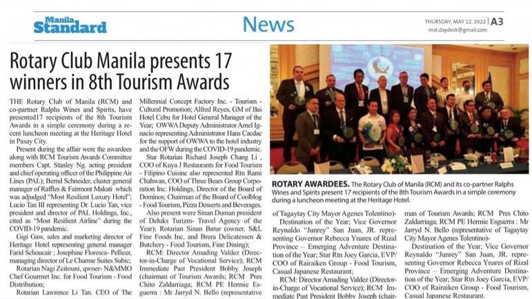 Rotary Club of Manila Presents 17 Winners in 8th Tourism Awards