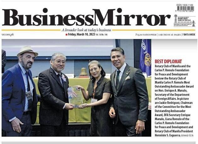 Rotary Club of Manila and the Carlos P. Romulo Foundation for Peace and Development Bestow the Rotary Club of Manila Carlos P. Romulo Most Outstanding Ambassador Award on Hon. Enrique A. Manalo, Secretary of the Department of Foreign Affairs
