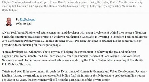 Filipino New York-based real estate guru Romel Cañete delivers his speech during the Rotary Club of Manila membership meeting last Thursday, 24 August at the Manila Polo Club in Makati City. Photograph by Joey Sanchez Mendoza for The Daily Tribune.