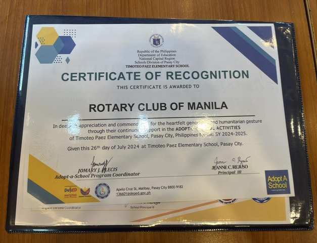 Rotary Club of Manila Receives Recognition from Timoteo Paez Elementary School for Supporting the Adopt-a-School Activities