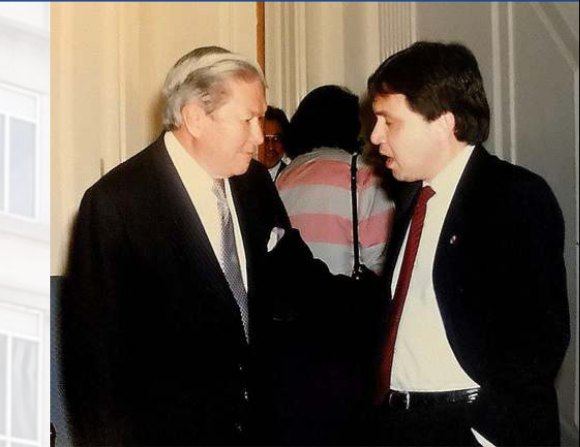 Babe with Philippine Ambassador to the United States and former Vice President Emmanuel Pelaez—his father’s close friend and Ateneo classmate—in a photo taken in 1989. This image captures a meaningful encounter between two figures deeply rooted in public service: Ambassador Pelaez, a statesman of towering integrity and experience, and Babe, then already charting his own path in media and public affairs. Their meeting reflects not only a personal friendship carried over from the previous generation but also the transmission of values—duty, patriotism, and principled leadership—that would guide Babe throughout his career. Standing beside Ambassador Pelaez at a pivotal moment in contemporary Philippine diplomacy, Babe is seen absorbing the insights of a man who helped shape the nation’s political landscape. The photograph is a quiet testament to legacy, mentorship, and the enduring bonds that influence the making of a future statesman.