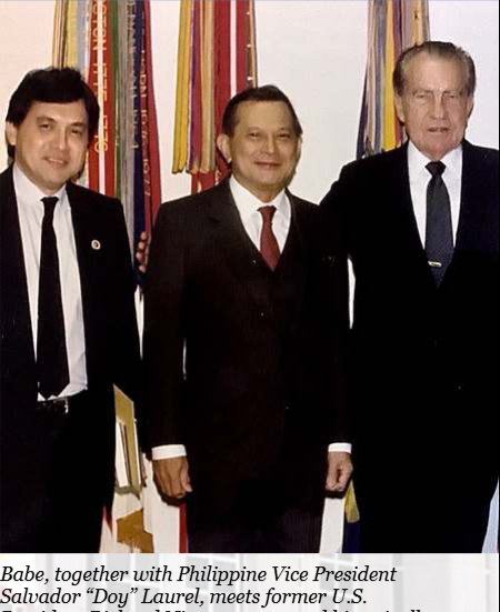 Babe, together with Philippine Vice President Salvador “Doy” Laurel, meets former U.S. President Richard Nixon—a rare and historically resonant moment captured on record. The encounter brings together three figures whose lives intersected with pivotal periods in global and Philippine politics. In this photograph, Babe stands alongside Vice President Laurel, witnessing firsthand an exchange between a key leader of the post-Marcos transition government and one of America’s most consequential, if controversial, presidents. The meeting reflects the Philippines’ effort to strengthen diplomatic engagement in the late 1980s, as the nation worked to rebuild institutions and redefine its place in a rapidly changing geopolitical environment. For Babe, this moment represents not only professional exposure to high-level diplomacy but also an early immersion into the complex world of international relations—a formative experience that foreshadowed the distinguished diplomatic path he would later take.
