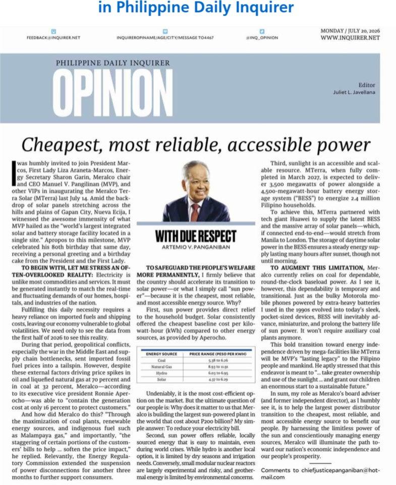 RCM Past President/Former Supreme Court Chief Justice Artemio Panganiban’s Column in Philippine Daily Inquirer
