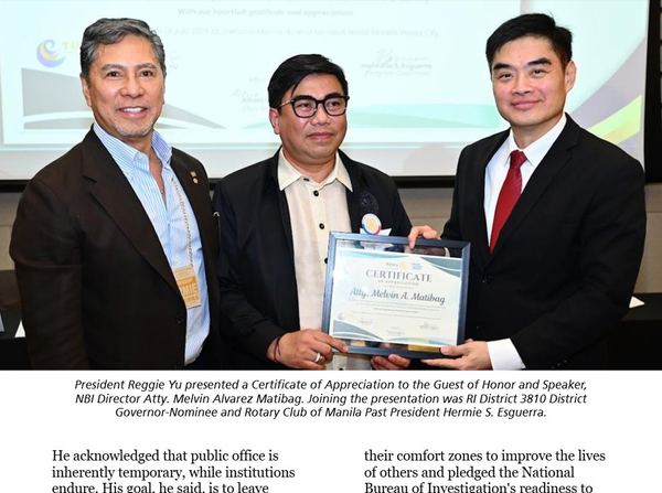 President Reggie Yu presented a Certificate of Appreciation to the Guest of Honor and Speaker, NBI Director Atty. Melvin Alvarez Matibag. Joining the presentation was RI District 3810 District Governor-Nominee and Rotary Club of Manila Past President Hermie S. Esguerra.