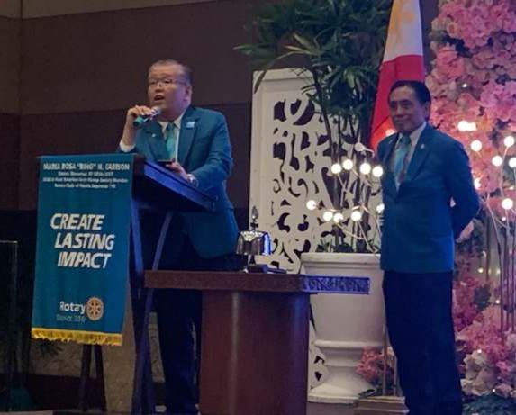 DDPIC/Club Secretary Albert S. Alday promoting "PAGSIKLAB" The Vibrant Club Seminar of Rotary District 3810 which takes place on August 22, 2026 at the Philippine Trade Training Center from 8:00 am to 5:00 pm, during the District Monthly Meeting as Rotary Club of Manila 101 President Glen Villaroman, whose club is the host club, looks on.