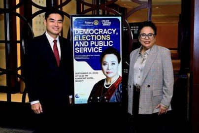 President Reginald T. Yu and the distinguished Guest of Honor and Speaker, Atty. Maria Rowena "Bing" Guanzon, following her address to the Rotary Club of Manila on democracy, elections, and public service. Her thoughtful perspectives on the principles and responsibilities that sustain our democratic institutions made for an engaging and meaningful program.