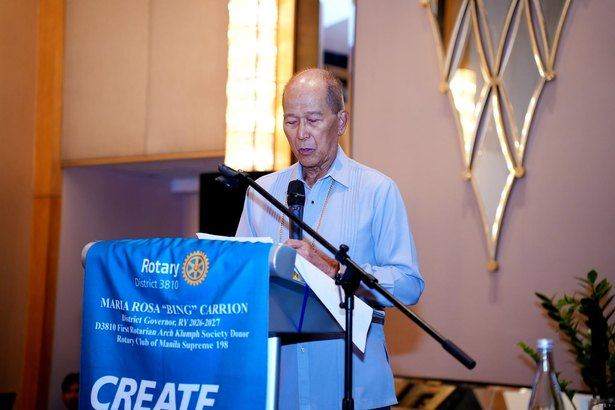 Rotary Club of Manila Director and former Defense Secretary Delfin "Del" Lorenzana formally introduces guest speaker Rear Admiral Jay Tarriela at the club's October 1 weekly meeting at the Fairmont Makati. Tarriela's presentation focused on the West Philippine Sea, highlighting issues of national sovereignty, transparency, and civic vigilance.