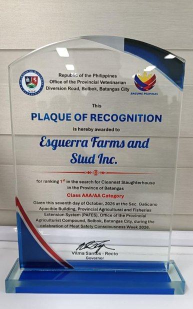 DGN Herminio Esguerra's Esguerra Farms and Stud Inc. Ranks First for Cleanest Slaughterhouse in Batangas