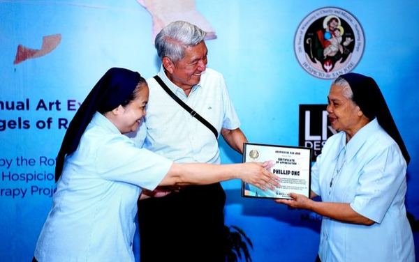 Honoring years of generous service. Officials of Hospicio de San Jose, led by Sr. Martha Gamolo and Sr. Purita Espaldon present longtime Project Chairman Phillip Ong with a Certificate of Appreciation, recognizing his devotion of time, talent, and treasure since 2010 and his continuing commitment to nurturing the Angels of Rendu.