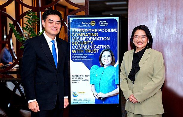 President Reggie Yu With Palace Press Officer Atty. Claire Castro at the Rotary Club of Manila's 14th Weekly Membership Meeting. Beyond the familiar podium is a woman whose humor, faith, and resolve lend a personal dimension to the demands of public communication. Atty. Claire reminded us that truth requires evidence, trust demands responsibility, and every shared message carries consequences. Her reflections brought Rotary's Four-Way Test into the digital age, where discernment begins with a pause before posting.
