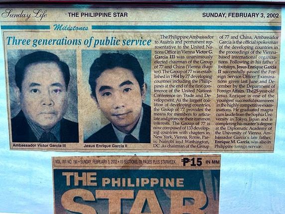 Featured in the Sunday Life section of The Philippine Star on February 3, 2002, this milestone article tells the story of three generations of public service in the Garcia family — highlighting a legacy rooted in the Philippine Foreign Service and international diplomacy. It traces the family’s continuing commitment to representing the country abroad, leadership in multilateral institutions, and advocacy for developing nations, showing how each generation carried forward a tradition of excellence, patriotism, and service on the global stage.