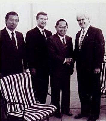 Joe de Venecia, Speaker of the House of Representatives, is pictured at the U.S. Congress with Raul Rabe, Newt Gingrich, and William Cohen, who would later serve as U.S. Secretary of Defense. 

Earlier that same morning, Speaker de Venecia met separately with Bob Dole, then U.S. Senate Majority Leader, accompanied by adviser Anthony Start. Their discussions focused on the contentious Spratly Islands issue, the shared imperative of keeping the South China Sea sea lanes open to freedom of navigation, and the growing political, economic, and social role of the 2.8 million Filipinos living in the United States and Canada. 

The engagements underscored Joe’s active parliamentary diplomacy at the highest levels of American leadership, linking regional security, international maritime stability, and the interests of the global Filipino diaspora within a broader framework of strategic Philippine–U.S. relations.