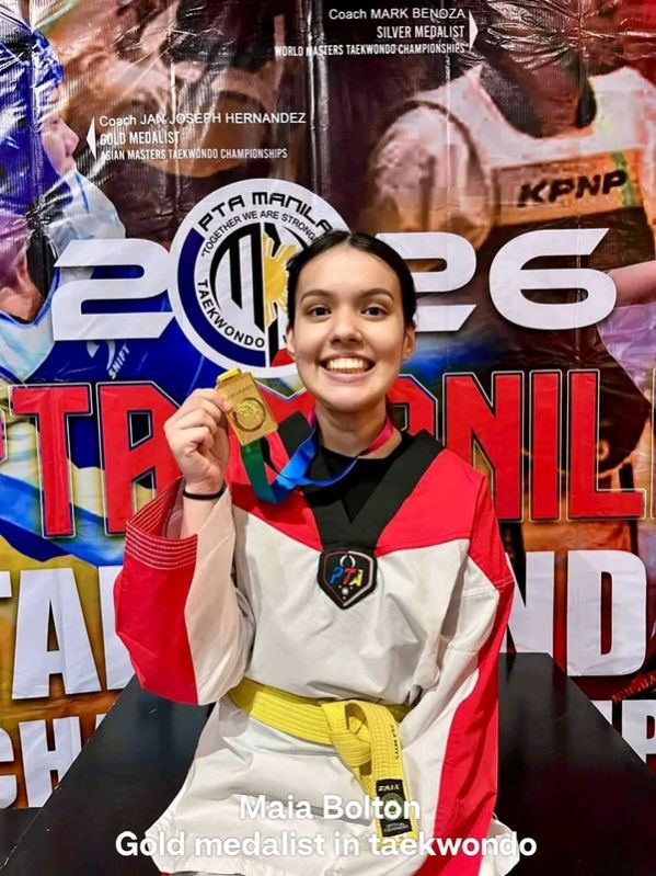 Maia Bolton, a proud member of the Miriam College Varsity Team and daughter of Bollie, beams with accomplishment after winning the gold medal at the Philippine Taekwondo Association Grand Tournament in 2026. Captured in a moment of triumph, the image reflects not only her discipline and dedication to the sport, but also the strength of character and perseverance that define a true champion.